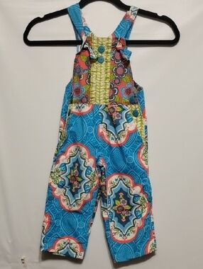Eleanor Rose Blue Multi-Print Cotton Overalls with Green Accents